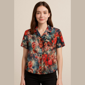 Watercolor floral garden print shirt with short sleeves Shang Shi boho